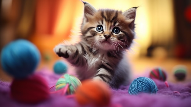 Foto gratuita lindo gatito con hilo de crochet en el interior