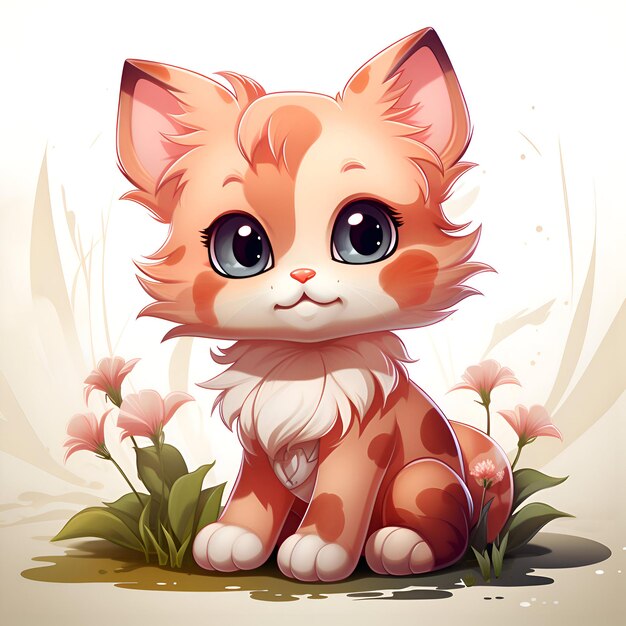 Lindo gatito sentado en la hierba con flores ilustración vectorial