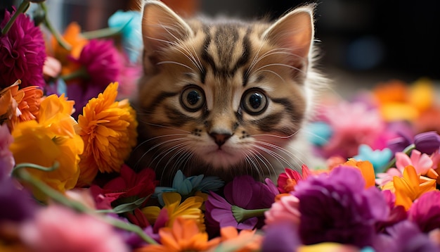 Lindo gatito sentado en la hierba mirando a la cámara con curiosidad generada por la inteligencia artificial