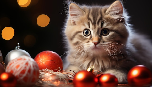 Lindo gatito sentado mirando a la cámara rodeado de adornos navideños generados por inteligencia artificial