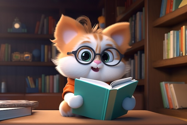 Lindo gato en la biblioteca