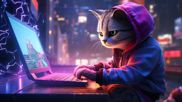 Lindo gato con computadora