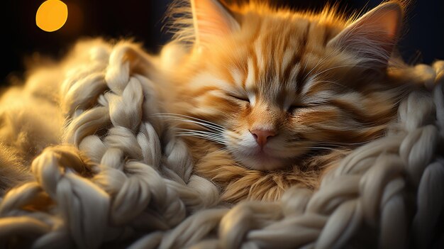 Lindo gato jengibre durmiendo en la cama en casa Mascota esponjosa en una casa acogedora