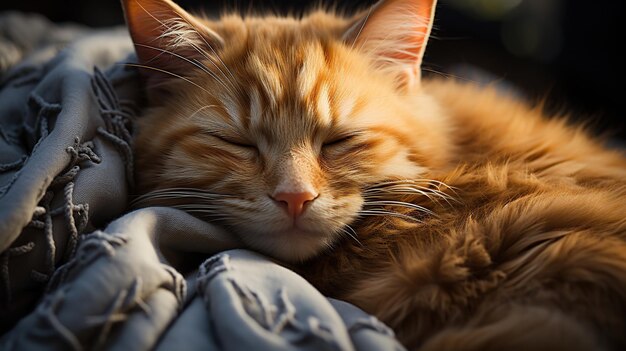Lindo gato pelirrojo acostado en la cama debajo de una cálida manta