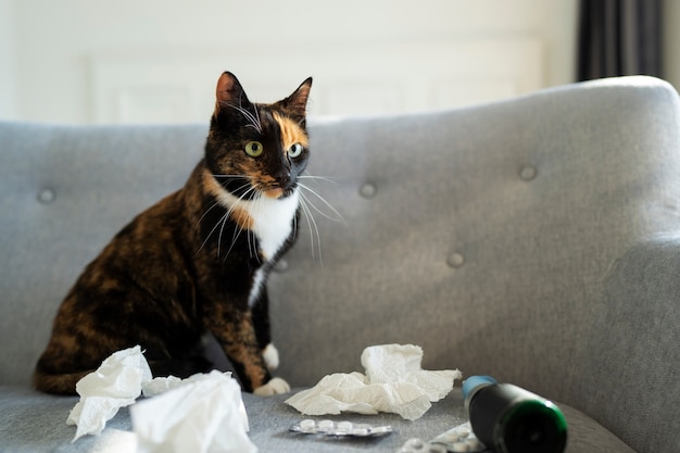 Lindo gato sentado en el sofá con pañuelos y medicamentos