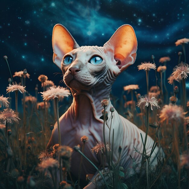 Lindo gato sphynx con flores al aire libre