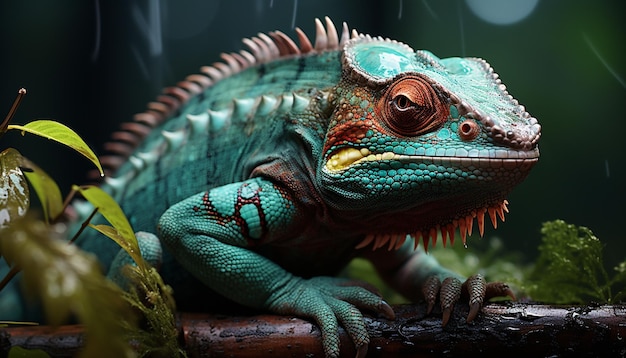 Un lindo gecko verde posado en una rama del bosque generado por inteligencia artificial