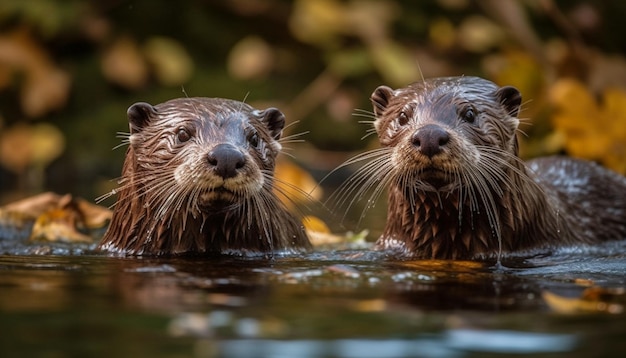 Foto gratuita lindo kit de castor nadando en un estanque verde generado por ia