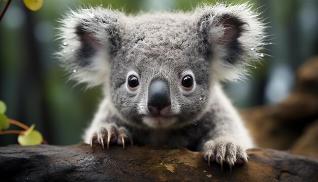 Lindo koala marsupial especie en peligro de extinción peludo mirando la cámara generada por inteligencia artificial