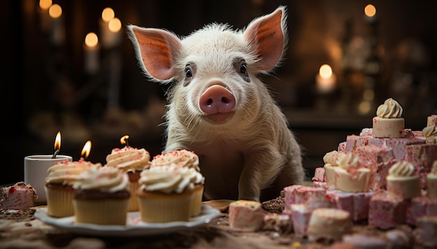 Foto gratuita un lindo lechón celebra su cumpleaños con un pastel de chocolate y una llama de vela generada por inteligencia artificial