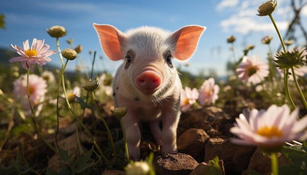 Foto gratuita un lindo lechón pastando en un prado verde mirando una margarita generada por inteligencia artificial