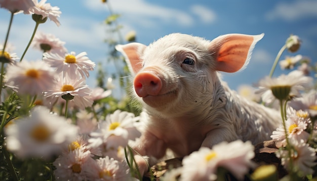 Foto gratuita un lindo lechón pastando en un prado verde rodeado de margaritas rosadas generadas por inteligencia artificial