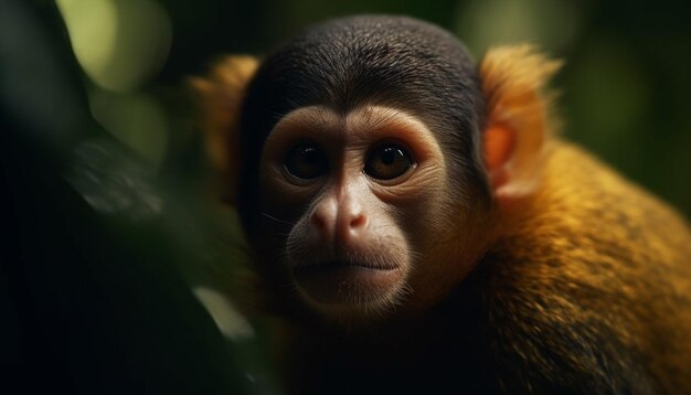 Lindo macaco joven mirando con enfoque selectivo generado por IA