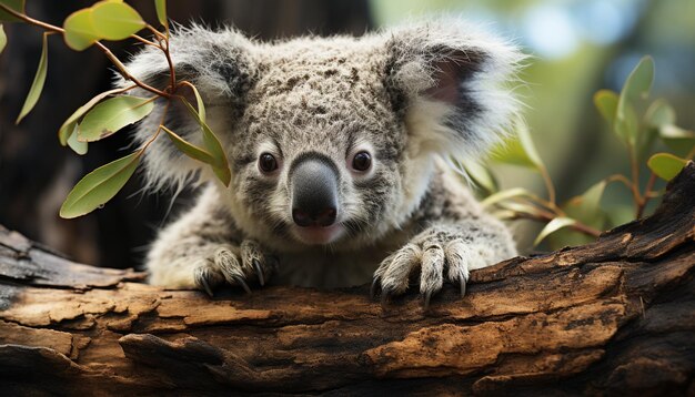 Lindo mamífero marsupial koala sentado en un árbol de eucalipto mirando la cámara generada por inteligencia artificial