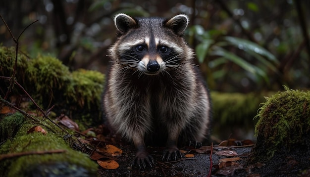 Lindo mapache sentado en la rama de un árbol al aire libre generado por IA