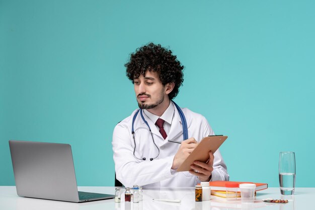 Lindo médico guapo trabajando en la computadora de forma remota en bata de laboratorio escribiendo notas