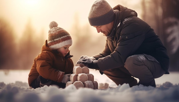 Lindo muñeco de nieve trae alegre unión familiar al aire libre generado por IA