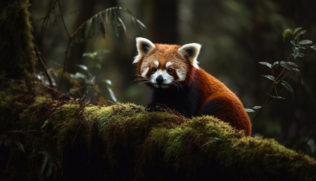 Lindo panda rojo sentado en una rama de bambú generado por IA