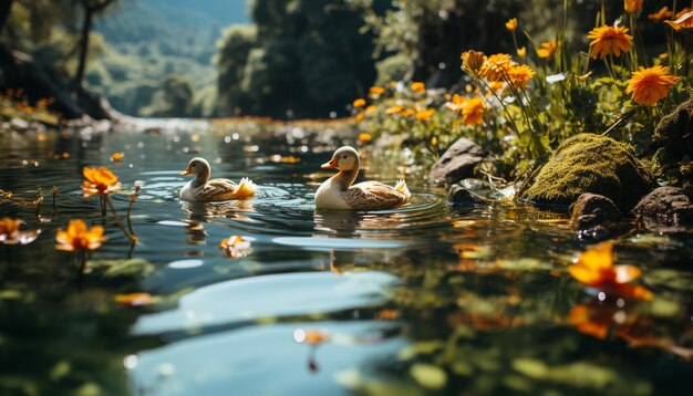 Foto gratuita un lindo pato en un estanque rodeado de hierba verde generada por inteligencia artificial