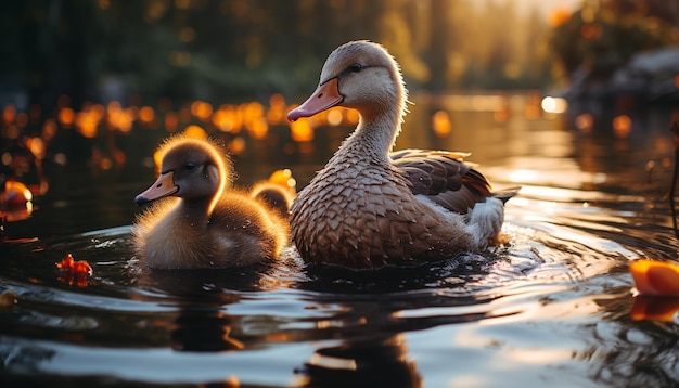 Foto gratuita un lindo pato que cuaca en el estanque rodeado de naturaleza generada por inteligencia artificial