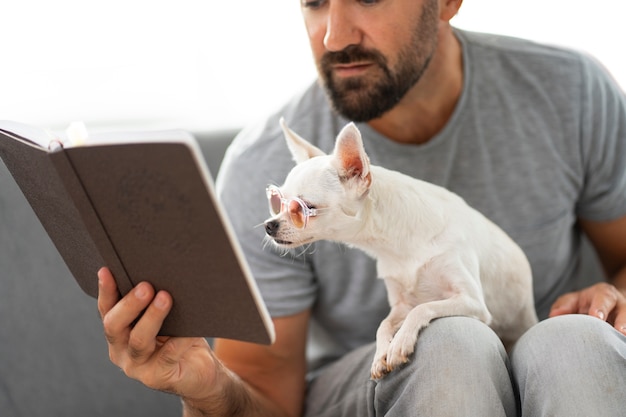 Foto gratuita lindo perro chihuahua leyendo un libro mientras tiene gafas