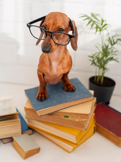 Lindo perro con gafas sentado en libros