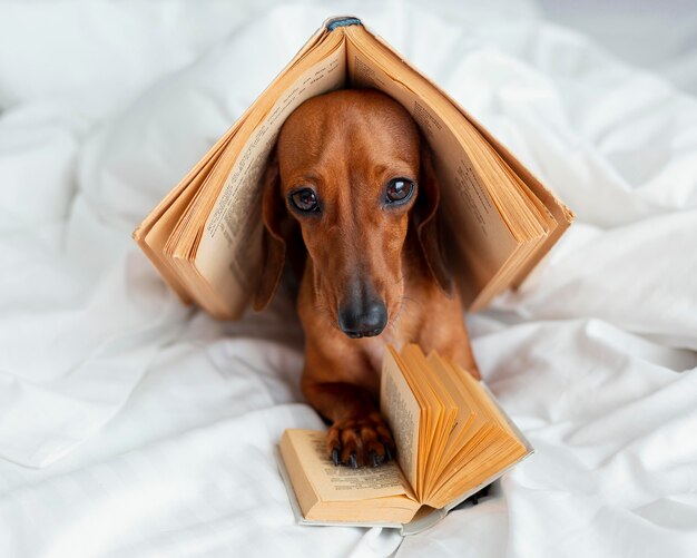 Lindo perro con libros en la cama