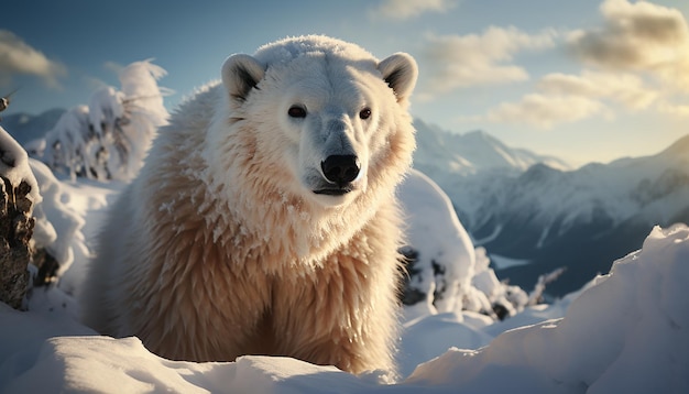 Foto gratuita un lindo perro samoyedo en un paisaje nevado mirando una cámara generada por ia