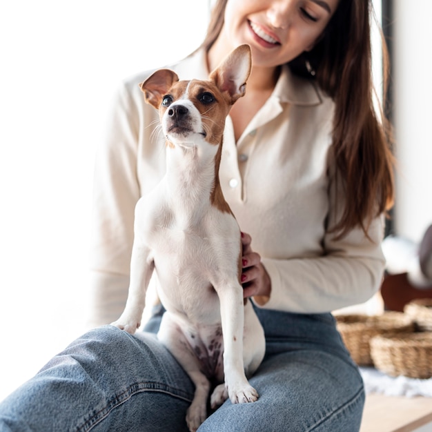 Lindo perro sentado en el regazo de la mujer