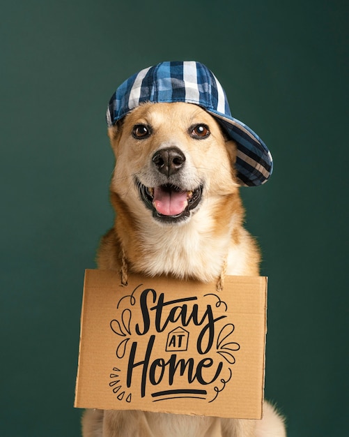 Lindo perro con sombrero sosteniendo banner