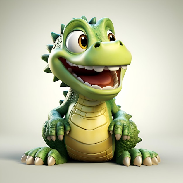 Lindo personaje de dibujos animados de cocodrilo en fondo gris ilustración 3D