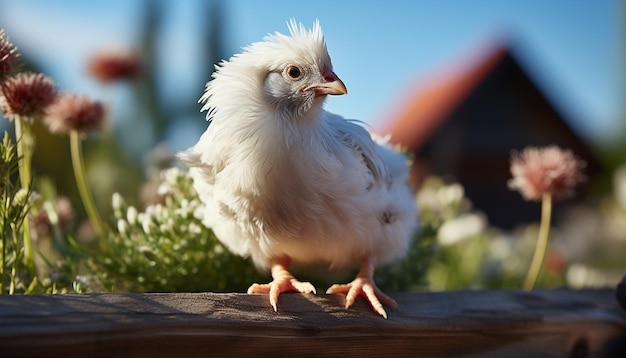 Lindo pollito mirando la cámara en un prado verde generado por inteligencia artificial