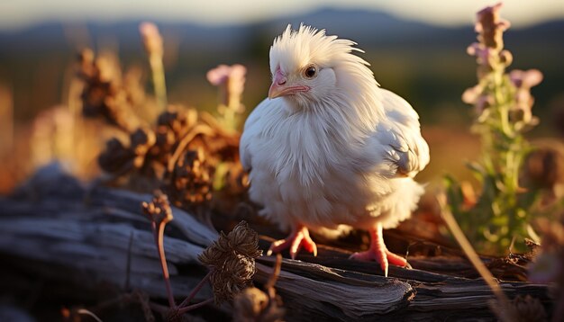 Lindo pollito parado en la pradera disfrutando de la belleza natural generada por la inteligencia artificial