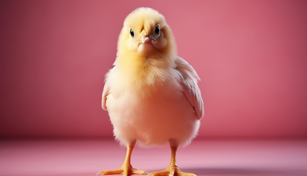 Lindo pollo amarillo con plumas mullidas de pie en la hierba generada por la inteligencia artificial