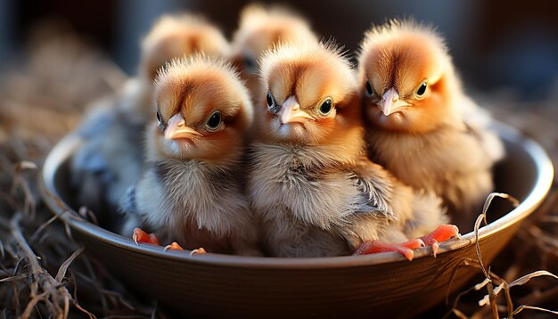 Foto gratuita lindo pollo bebé con plumas amarillas esponjosas en una granja generada por inteligencia artificial