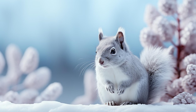 Lindo roedor esponjoso sentado en la nieve mirando la cámara generada por inteligencia artificial