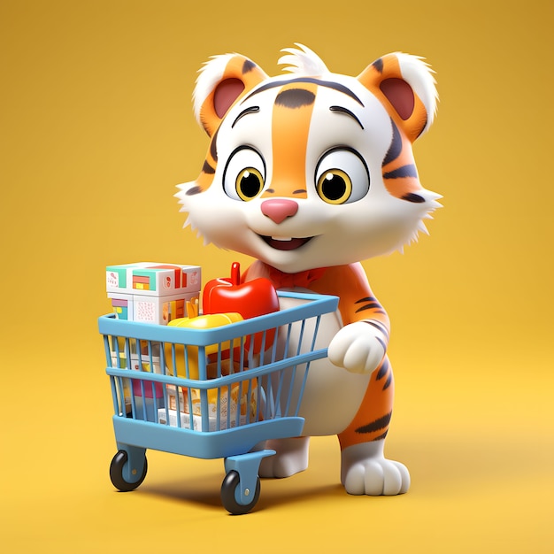 Foto gratuita lindo tigre con carrito de compras