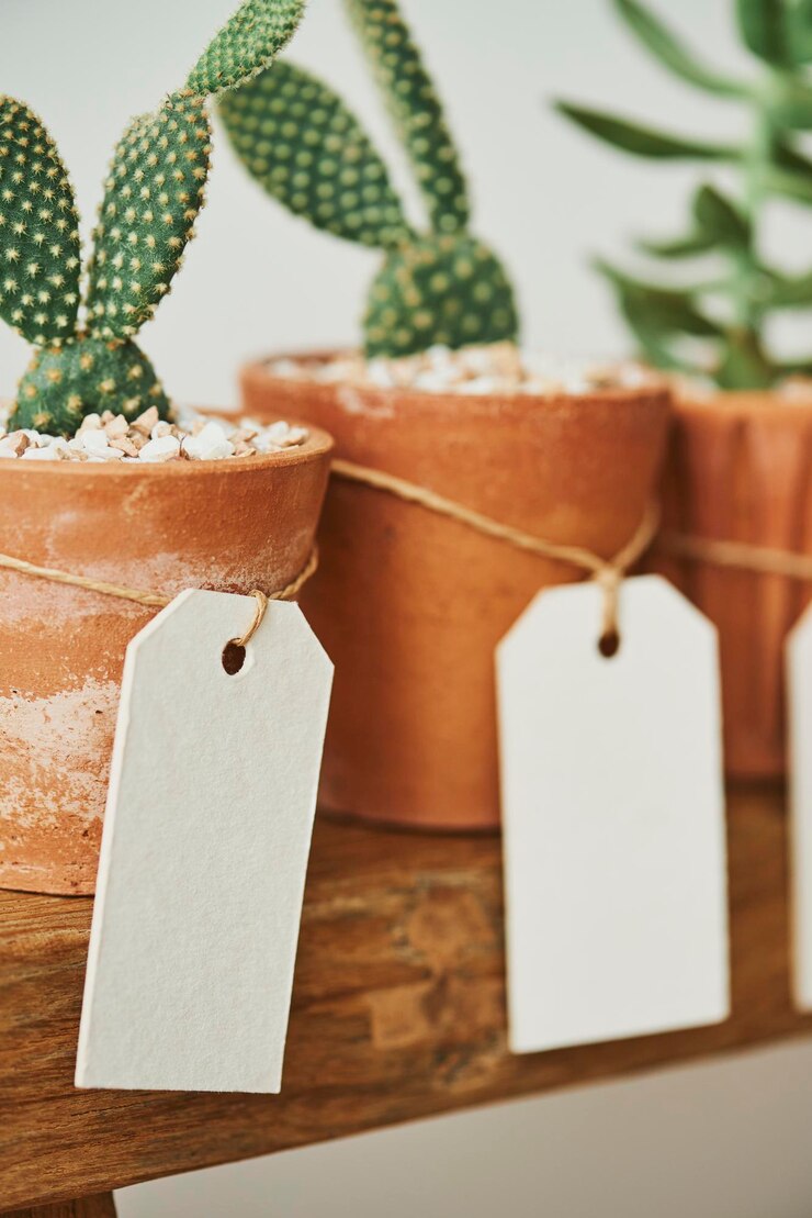 Foto gratuito lindos cactus en macetas de terracota con etiquetas de papel en blanco