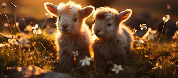 Foto gratuita lindos corderitos en la pradera al atardecer primer plano