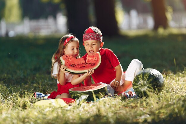 Lindos niños pequeños con sandías en un parque