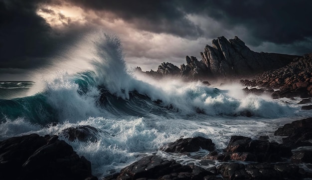 Foto gratuita una línea costera majestuosa con olas rompiendo al atardecer generada por ia