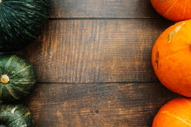 Líneas de calabazas verdes y naranjas