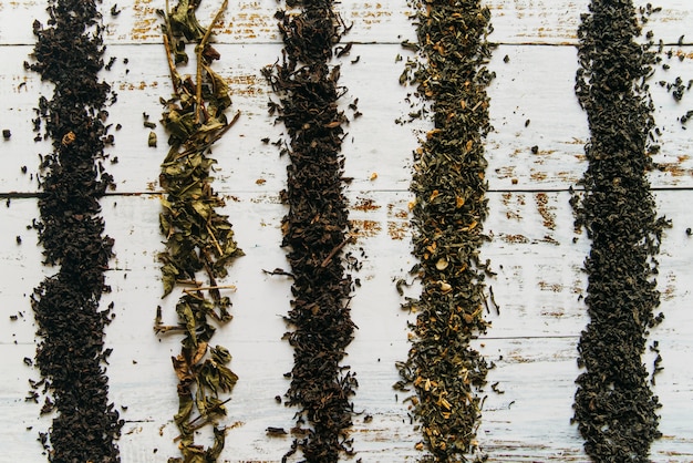 Líneas hechas con hierbas secas de té en el escritorio blanco