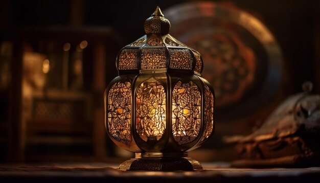 Una linterna antigua brilla en una decoración árabe oscura generada por IA