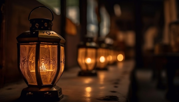 Linterna antigua iluminada noche oscura de invierno al aire libre generada por IA