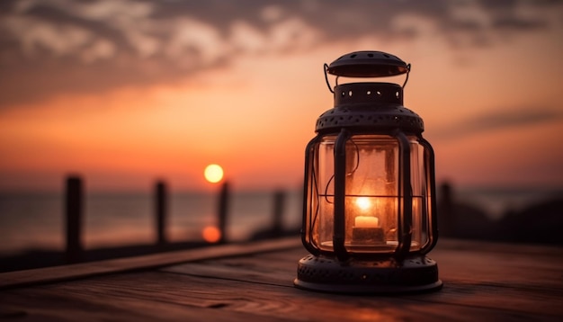 Una linterna brillante ilumina una mesa de madera rústica al atardecer generada por IA