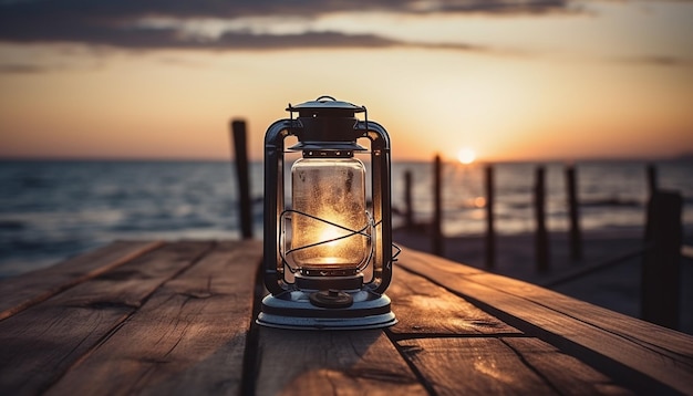 Linterna brillante sobre una mesa rústica de madera al atardecer generada por IA