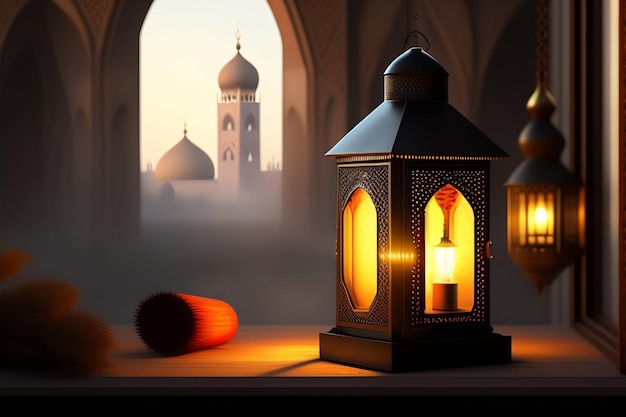 Una linterna con una mezquita al fondo.
