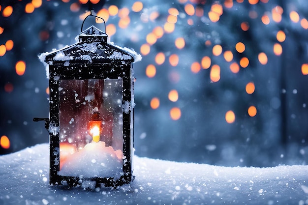 Linterna navideña con rama de abeto y decoración en mesa nevada fondo desenfocado ai generativo