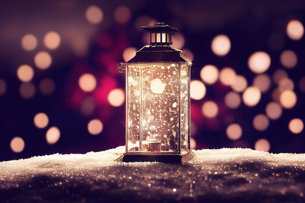 Linterna navideña con rama de abeto y decoración en mesa nevada fondo desenfocado ai generativo